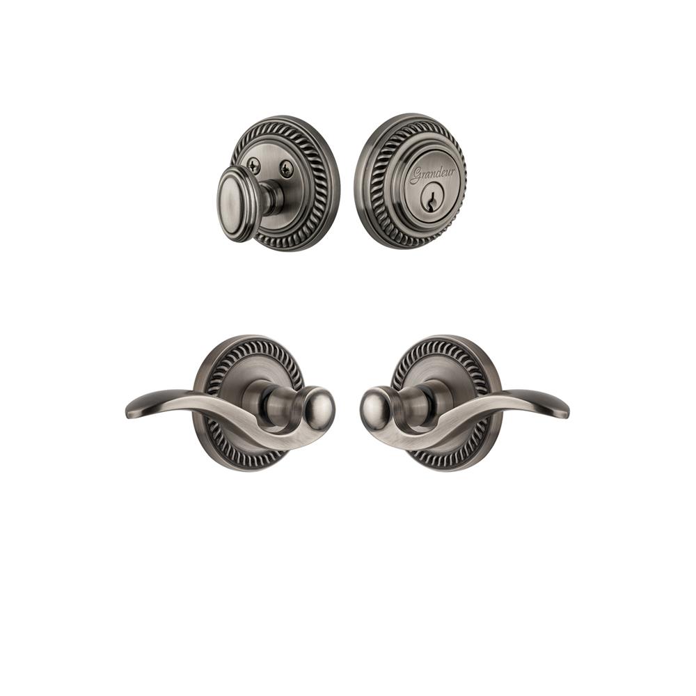 Grandeur by Nostalgic Warehouse Single Cylinder Combo Pack Keyed Differently Right Handed - Newport Rosette with Bellagio Lever and Matching Deadbolt in Antique Pewter